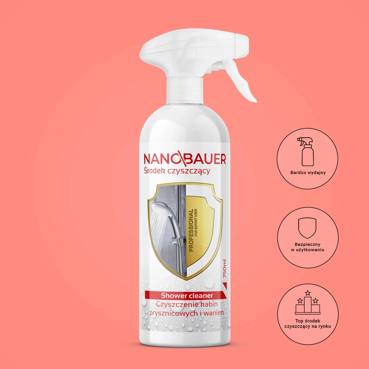 Produkt do usuwania osadów i kamienia z kabiny prysznicowej – NANOBAUER® SHOWER CLEANER 750 ml